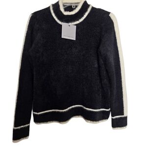 NWT Andrew Marc Black and Off White Turtleneck Fuzzy Sweater Stripe Sleeve